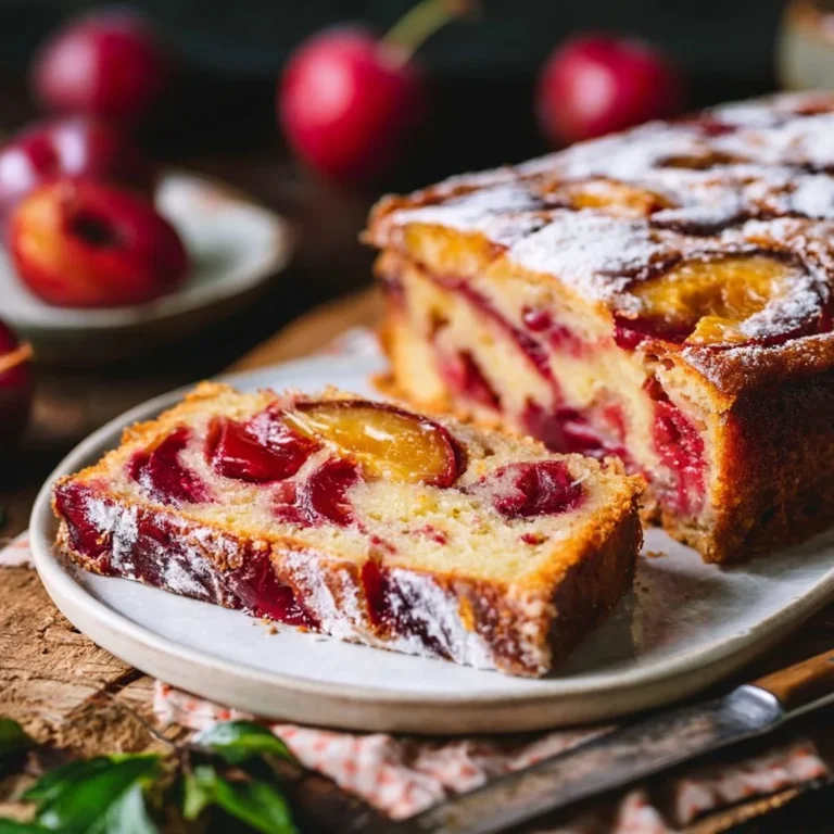 Leckeres Stück Pflaumenkuchen auf einem Teller mit frischen Pflaumen
