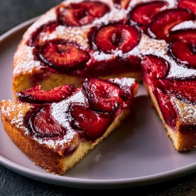 Ein frisch gebackener Pflaumenkuchen auf einem Holztablett mit Obstdekoration.