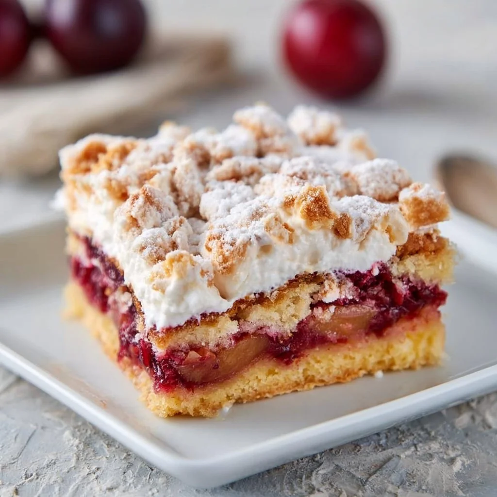 Polnischer Zwetschgenkuchen vom Blech mit Baiser, ein köstliches Dessert.