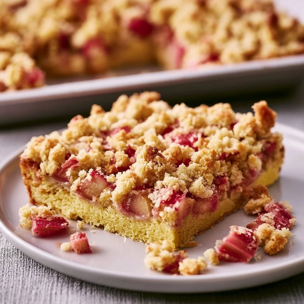 Rhabarberkuchen mit Hefeteig und Streuseln auf einem Teller