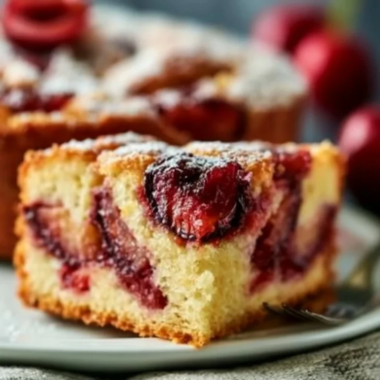 Saftiger Zwetschgenkuchen mit Rührteig auf einem Teller, dekoriert mit frischen Zwetschgen.