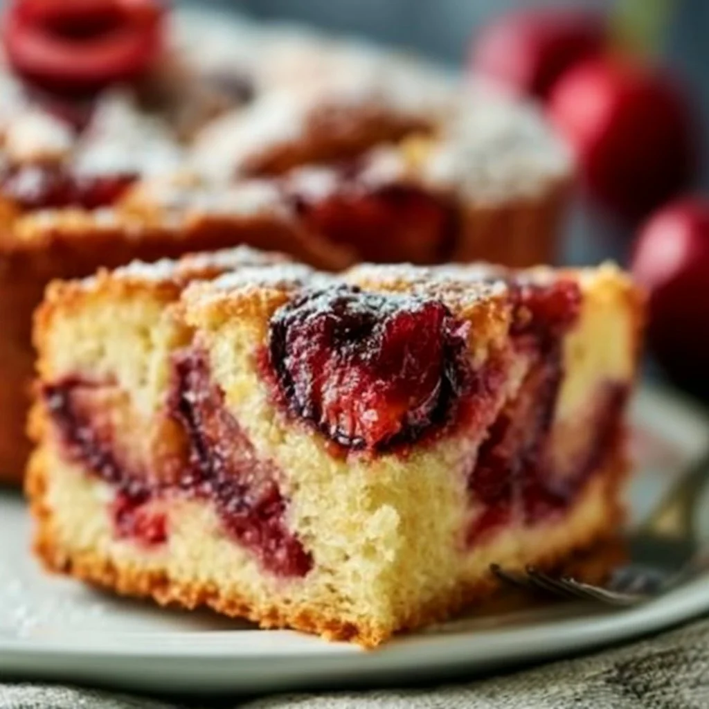 Saftiger Zwetschgenkuchen mit Rührteig auf einem Teller, dekoriert mit frischen Zwetschgen.