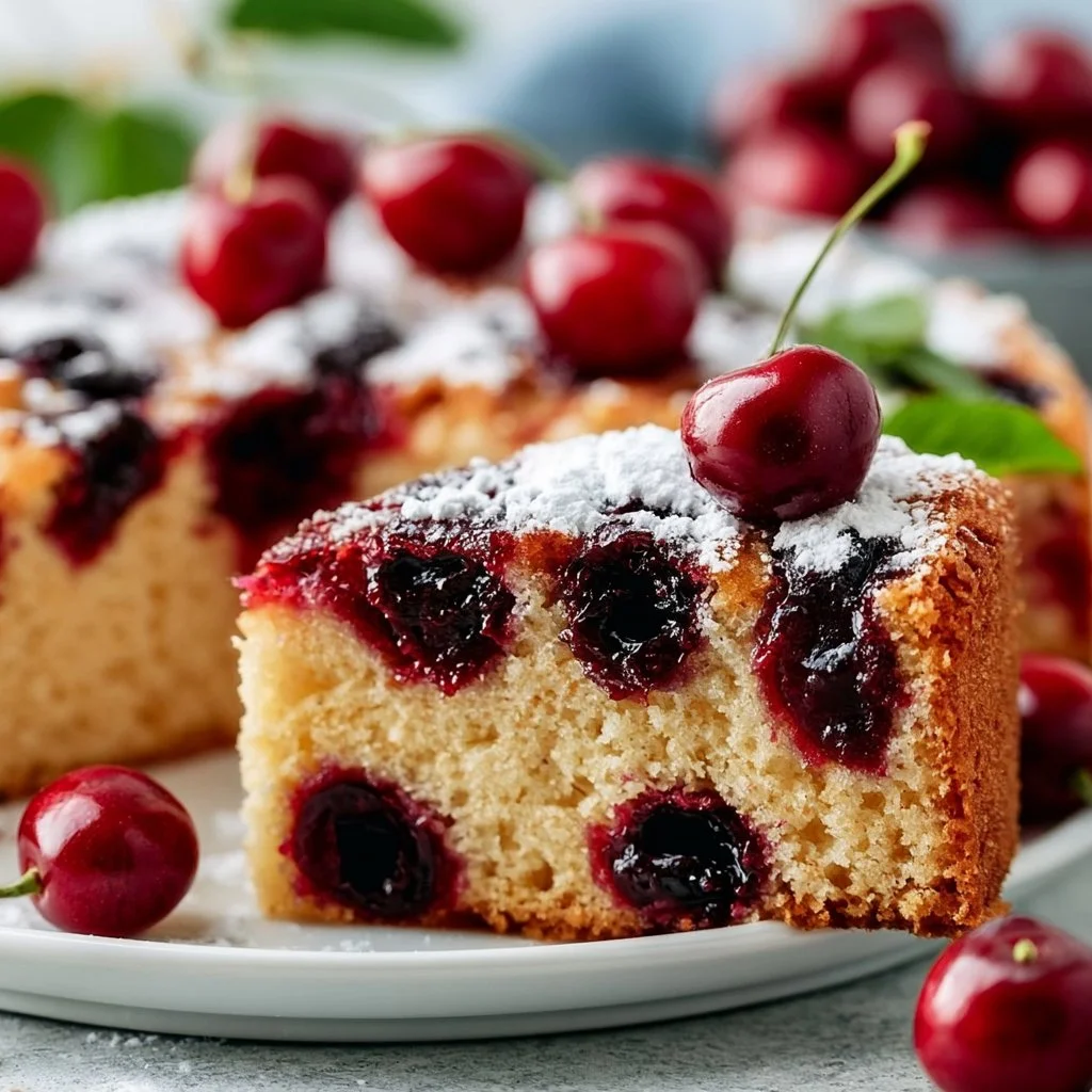 Schneller Kirschkuchen mit saftigen Kirschen auf einem Blech