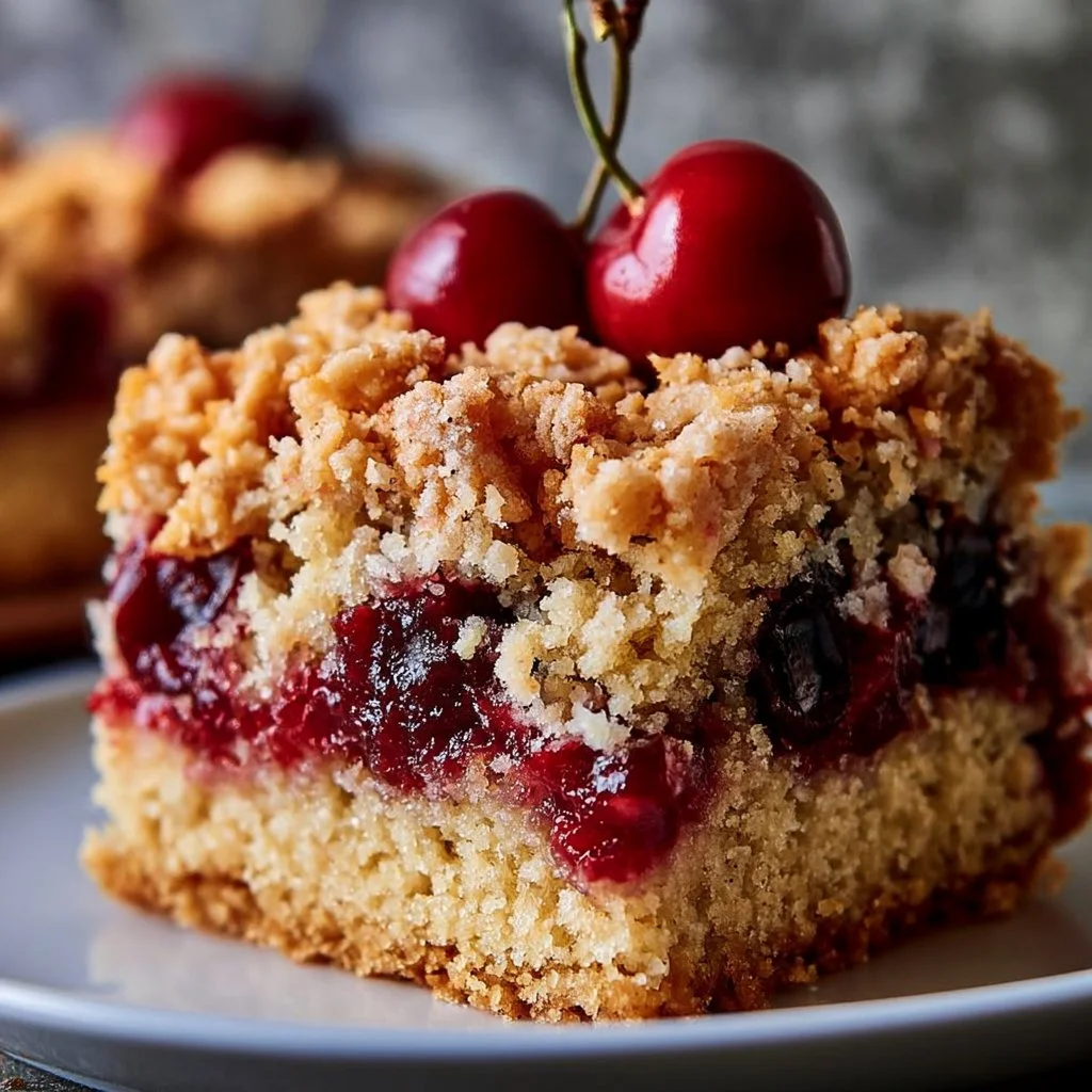 Streuselkuchen mit Kirschen vom Blech, frisch gebacken und köstlich angerichtet