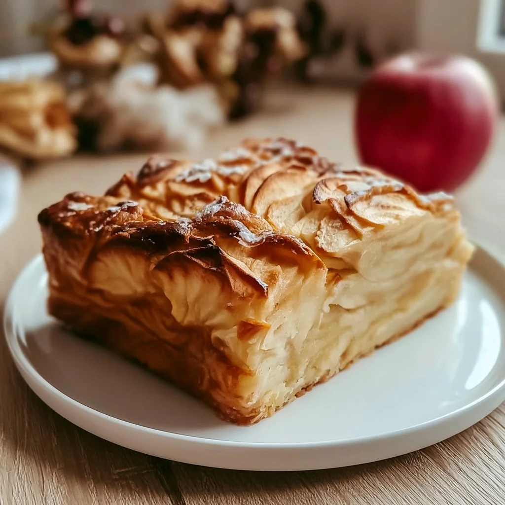 Unsichtbarer Apfelkuchen ohne Boden auf einem Teller serviert