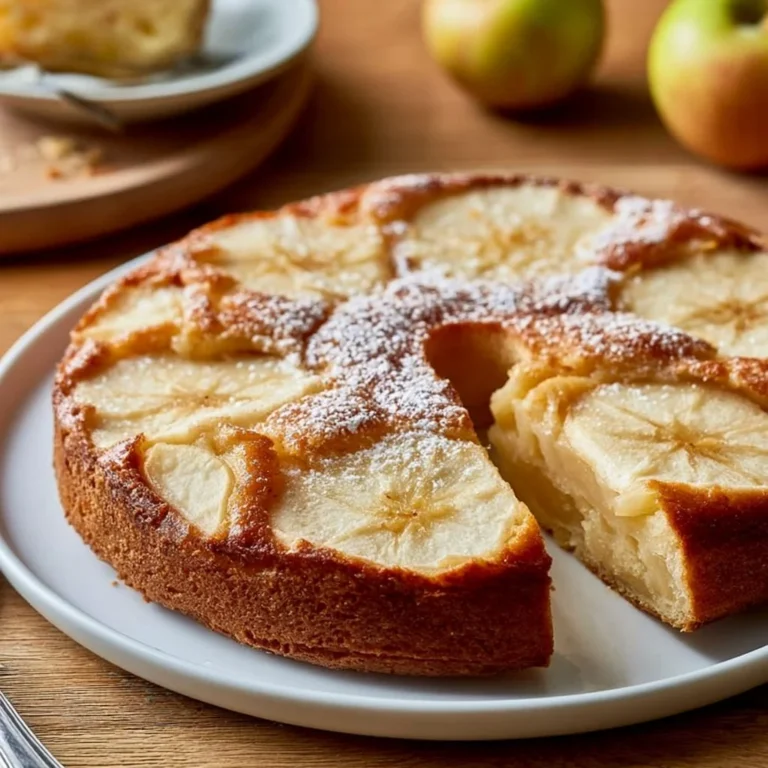 Versunkener Apfelkuchen mit saftigen Äpfeln auf einem Teller